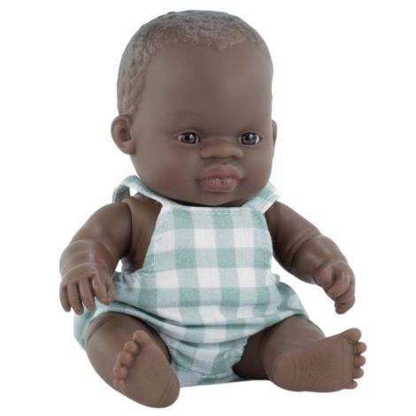 Papusa bebelus baiat african 21 cm cu salopeta pepit, corp parfumat, colectia My Friends and Me - imagine 6